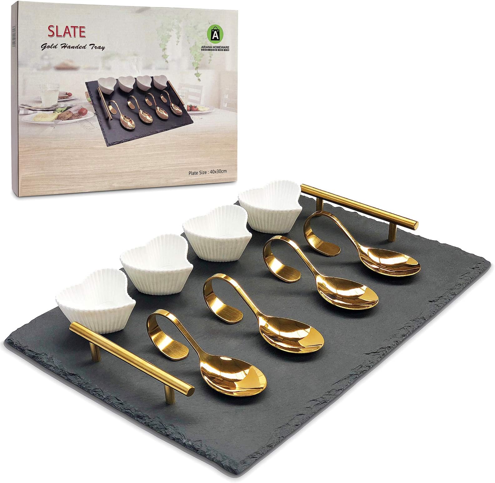 ARIANA HOMEWARE Serving Tray Set, 4 X Spoons, 4 X Heart Shape Cookie/Snack Bowl - Golden Handle, Golden Spoons, Natural Slate Food Serving Cheese Platter Dessert Board Dinner (30 X 40)