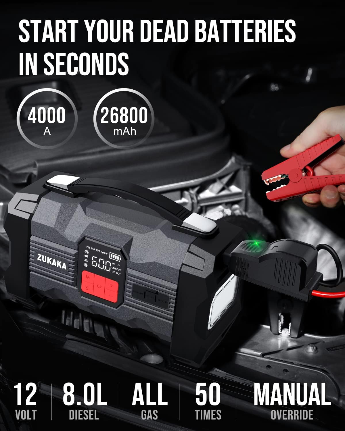 Buy ZUKAKA Car Jump Starter 4000A Peak 26800mAh Battery Starter Up to