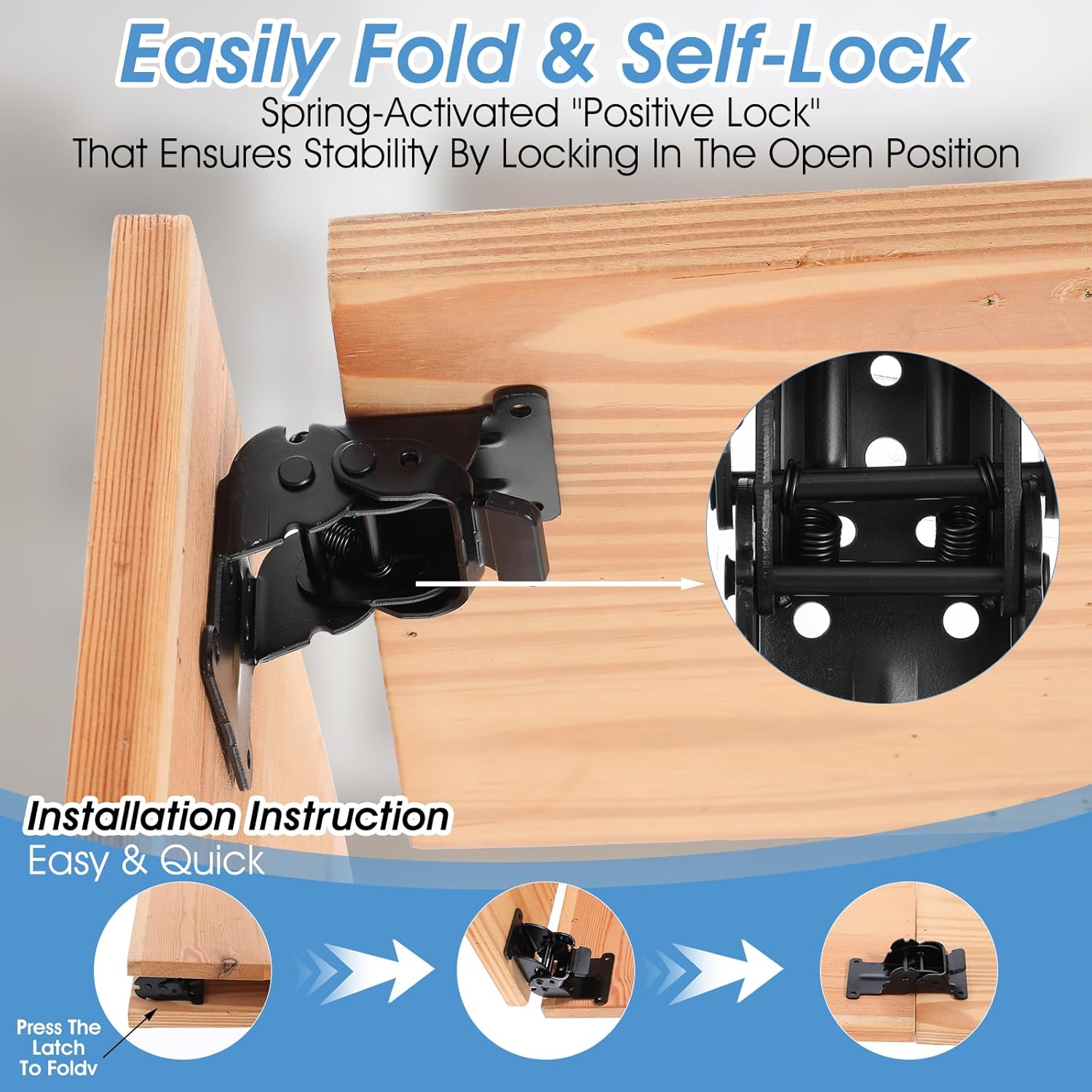 8 Packs Folding Brackets, Self-Locking Hinges with Screws & Non-Slip Pads, 500LB Capacity Adjustable Support for Table/Bed/Desk Legs, Quick-Install Heavy-Duty Extension Support Bracket
