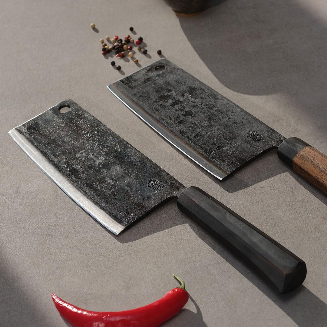 Hackmesser (Chinesisches Kochmesser) für Fleisch und Gemüse | Griff: Ebenholz | 18 cm Carbonstahl Klinge | Extrem Hart und langlebig | Hackbeil Küchenbeil mit Holzgriff | PETER-PEPPER-18