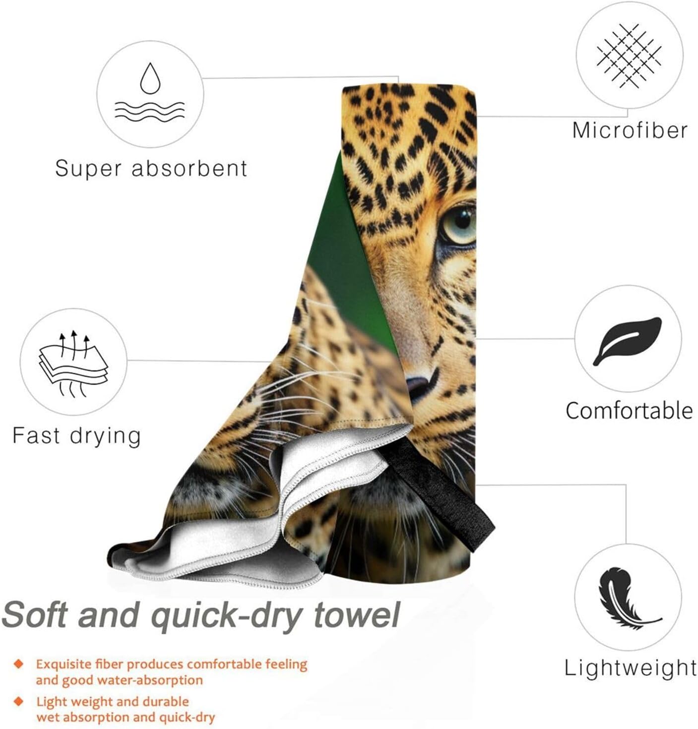 Wild Leopard Animal Printed Microfiber Travel Towel,Camping Towel,Quick Dry,Soft Lightweight for Gym,Hiking,Yoga,Backpacking