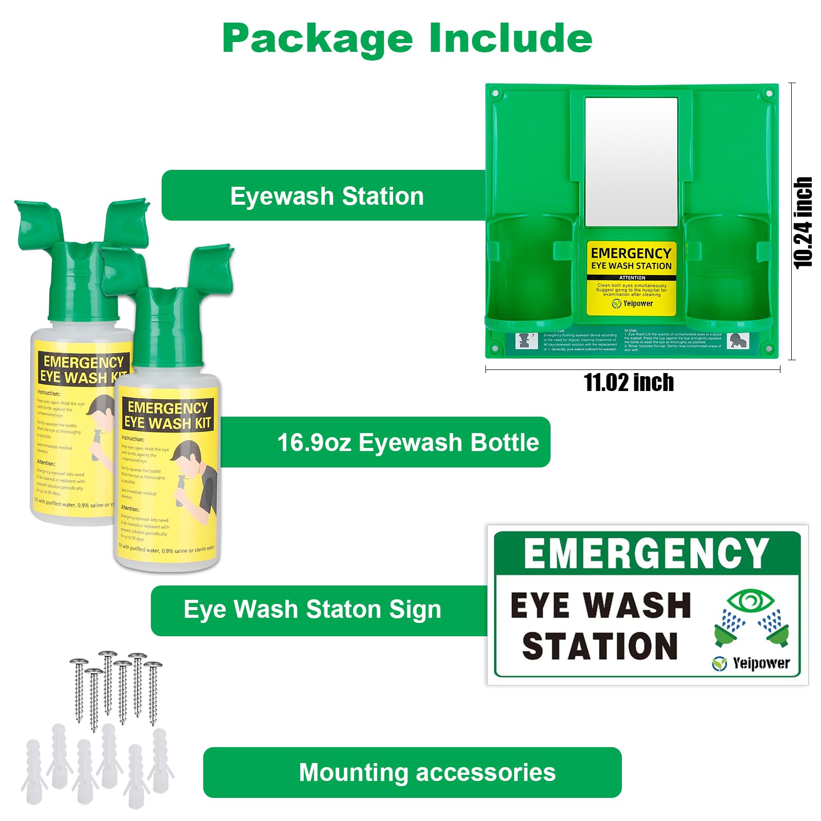 Estación de lavado ocular portátil OSHA, kit de lavado de ojos de emergencia actualizado para limpiar ambos ojos al mismo tiempo, primeros auxilios, montaje en pared, 470 ml