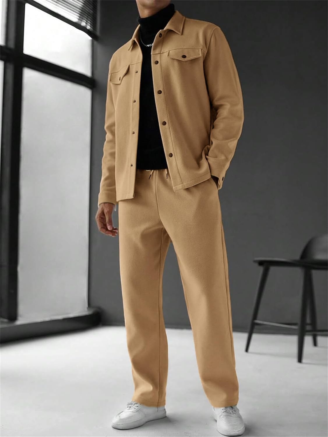 Men's 2 Piece Casual Business Jacket and Causal Pants Outfits Autumn Winter Solid Color Jackets Tracksuit Set