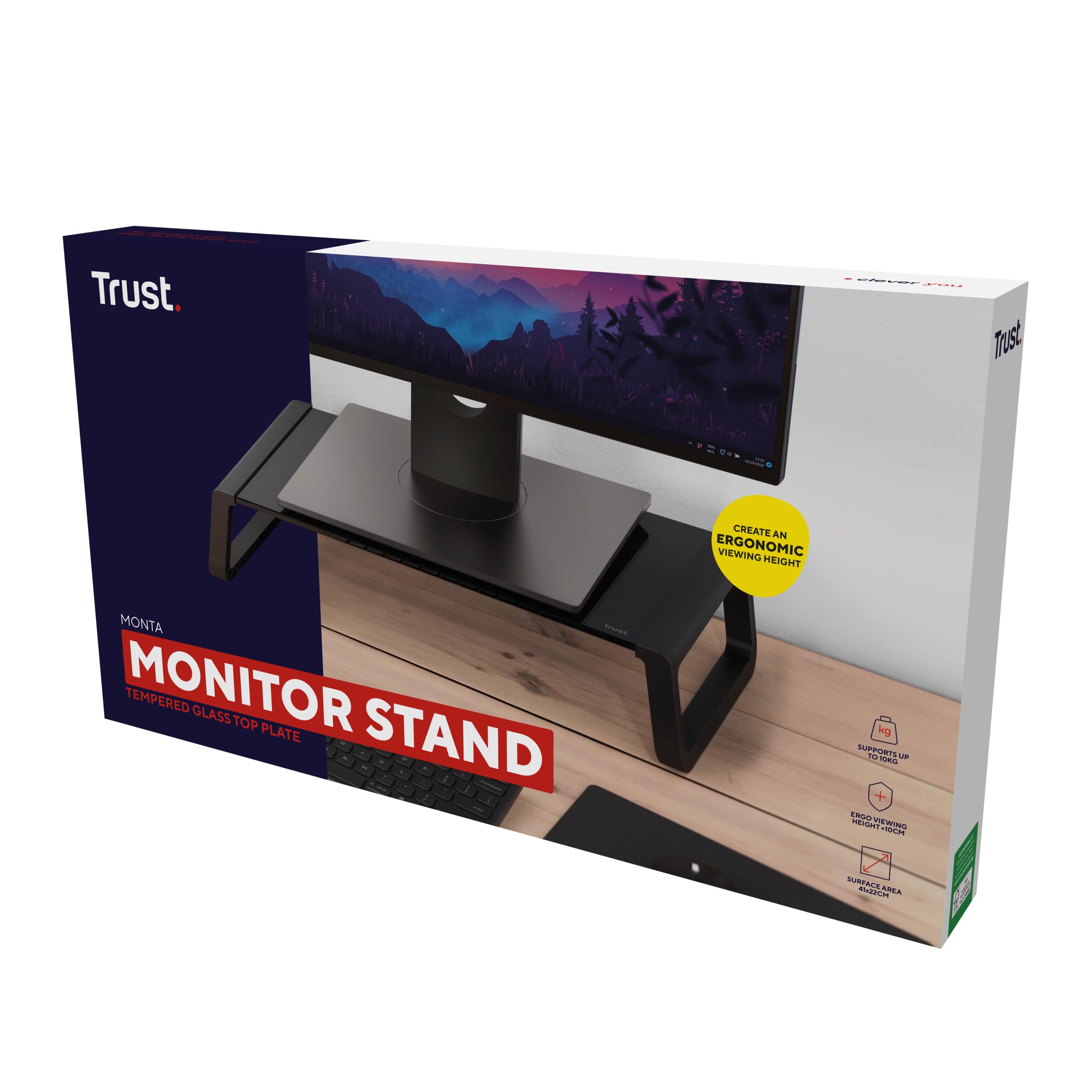 Trust Monta stojak na monitor 41 x 22 x 10 cm ze szkła hartowanego, czarny | Podwyższenie ekranu, biurko podwyższające monitor, stojak na laptopa, monitory, komputer, notebook, komputer Mac PC, biuro
