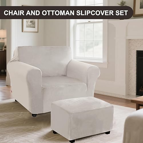 Miniatura 2 de Juego de funda para silla y otomana, funda de terciopelo para sillón y otomana antideslizante, juego de fundas elásticas para sofá y taburete de pie