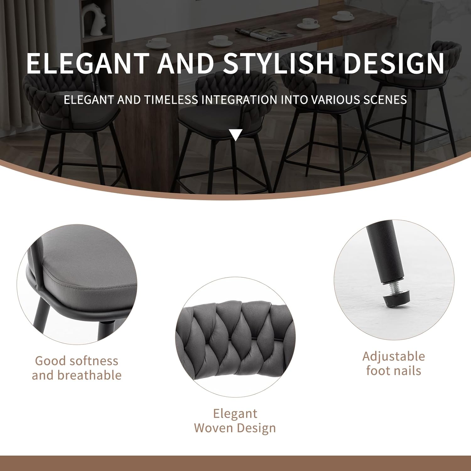 Counter Height Bar Stools Set of 4, Swivel Barstools with Curved Back, Black Leather Counter Stools for Kitchen Island, Dining Room, Cafe, Pub