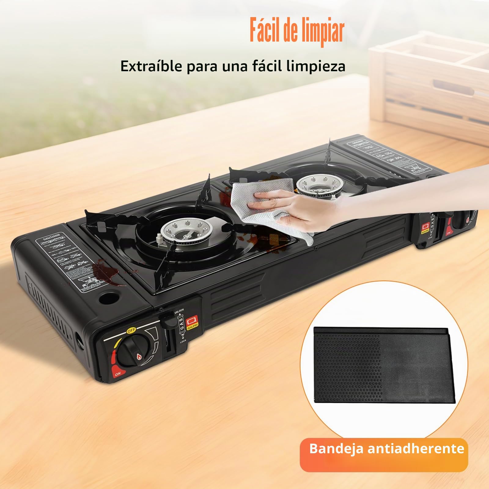 Hornillo de camping portátil de 2 quemadores de butano para exteriores, con placa para barbacoa, para picnic