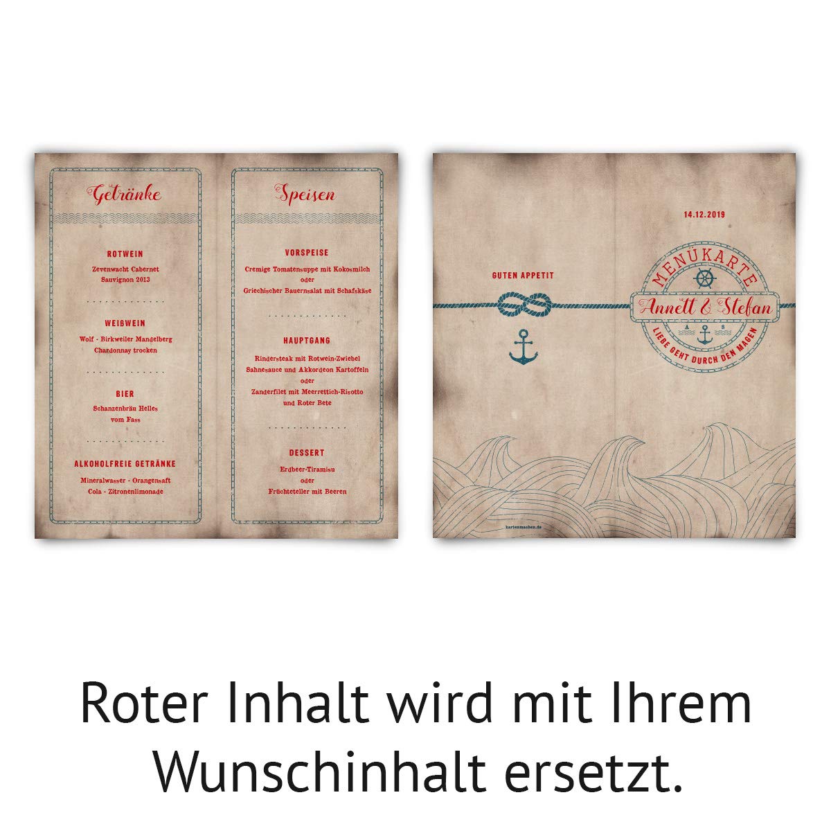 80 x Hochzeit Menükarten individueller Text DIN Lang Klappkarte - Schatzkarte als Flaschenpost Look