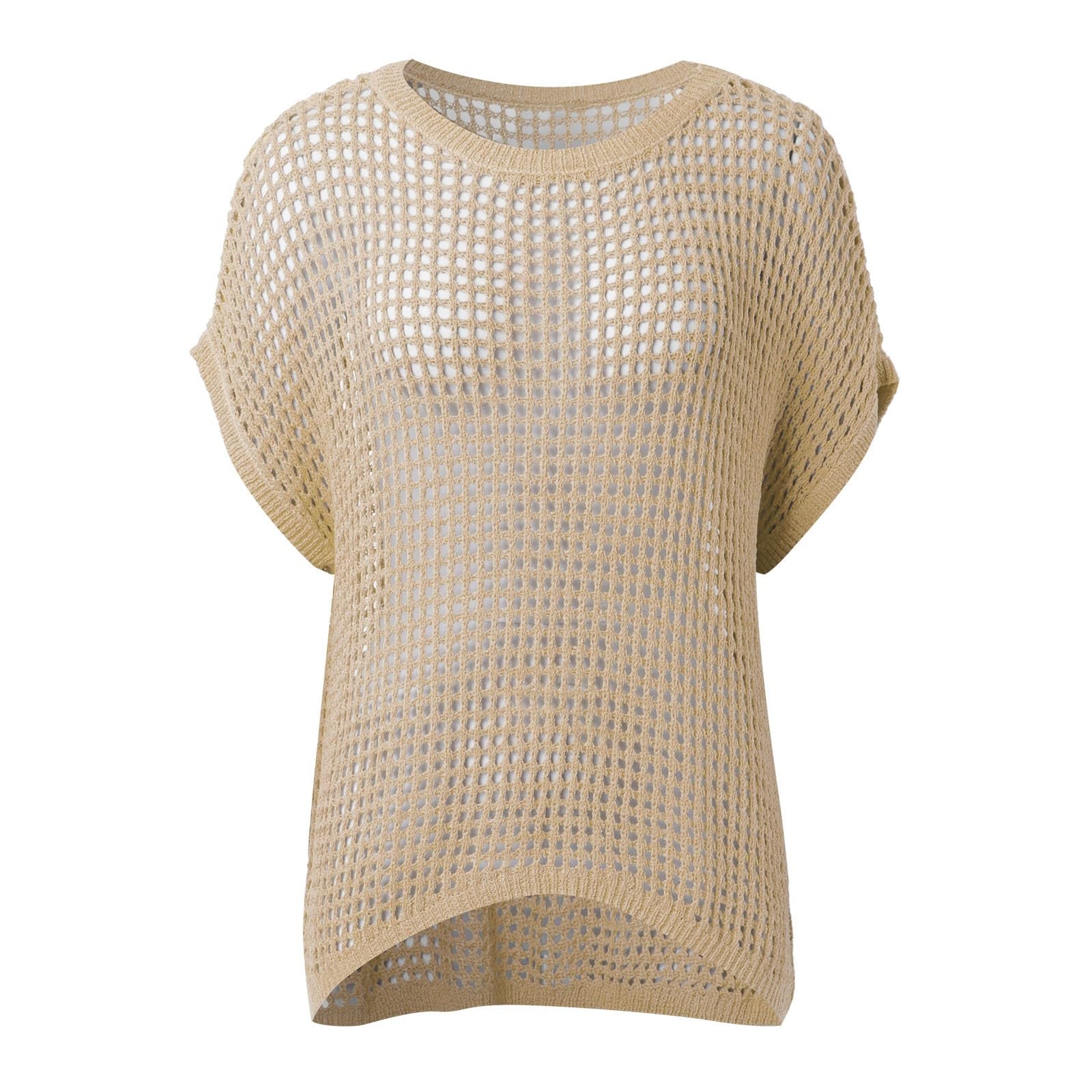 Top Mujer Ganchillo Cuello Redondo Cover Up Rejilla Chic Camiseta Punto Casual Blusa Suéter de Manga Corta con Cuello Redondo para Mujer, Tops de Punto calados de Ganchillo Informales