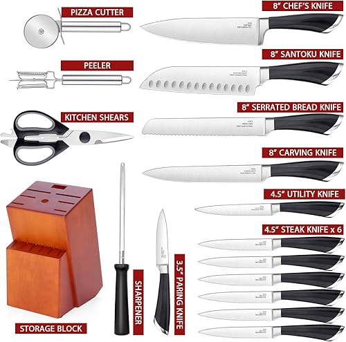 Miniatura 2 de E-far - Juego de cuchillos de cocina juego de cuchillos de acero inoxidable de alto carbono de 16 piezas incluye cuchillo de pan dentado y afilador