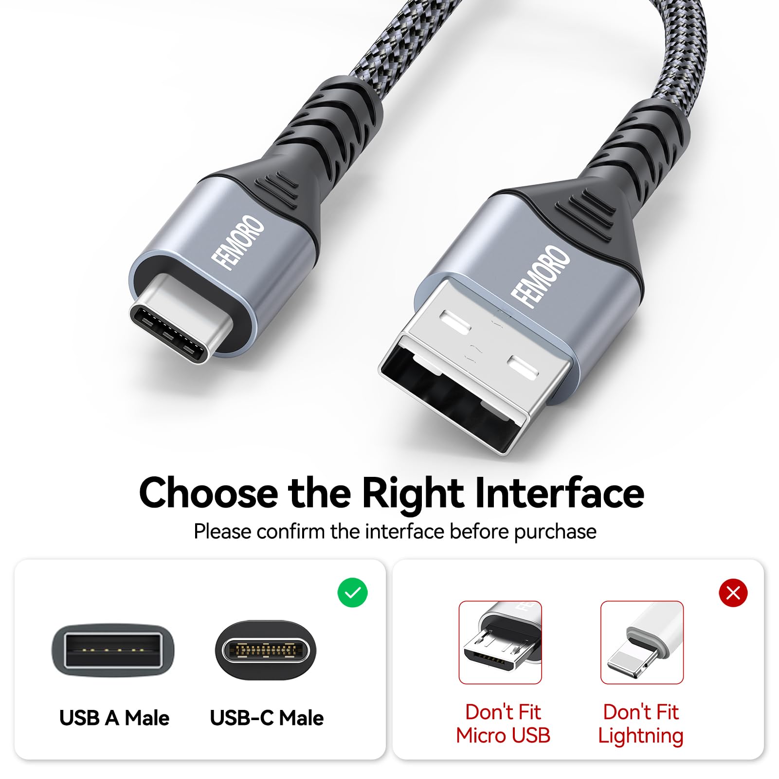 FEMORO Cavo USB C da 3 m, confezione da 10, 60 W, ricarica rapida da USB A a USB C, cavo extra lungo USB2.0 di tipo C per sincronizzazione dati intrecciato per iPad, iPhone15, telefoni Android, Galaxy