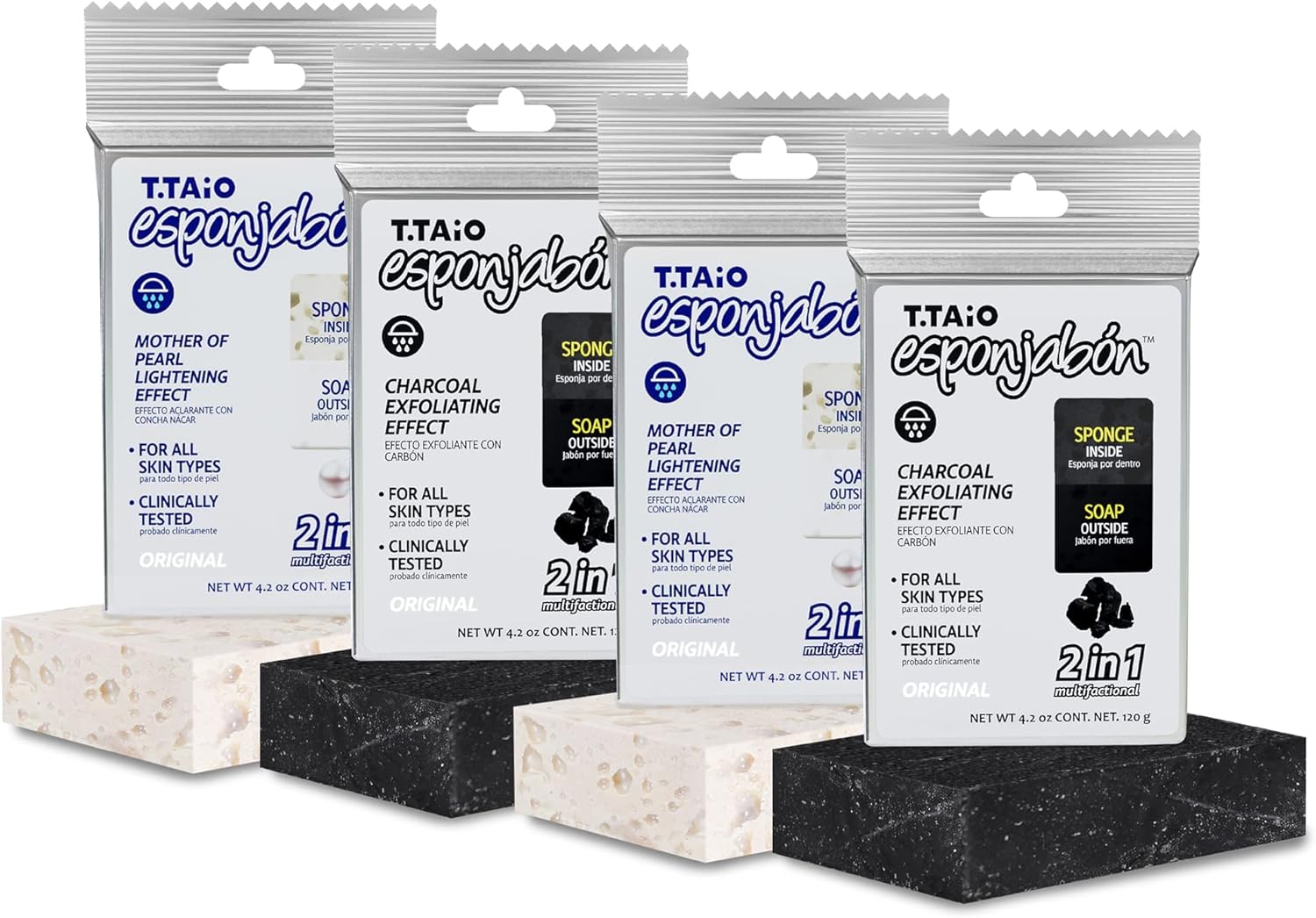 T.Taio Esponjabon Mother of Pearl and Charcoal Soap Sponges — Shower Scrubbers That Remove Oil and Dirt — Sponges to Scrub Foot, Elbow and Face — Bathroom Accessories — Fresh Scent (4-Pack)