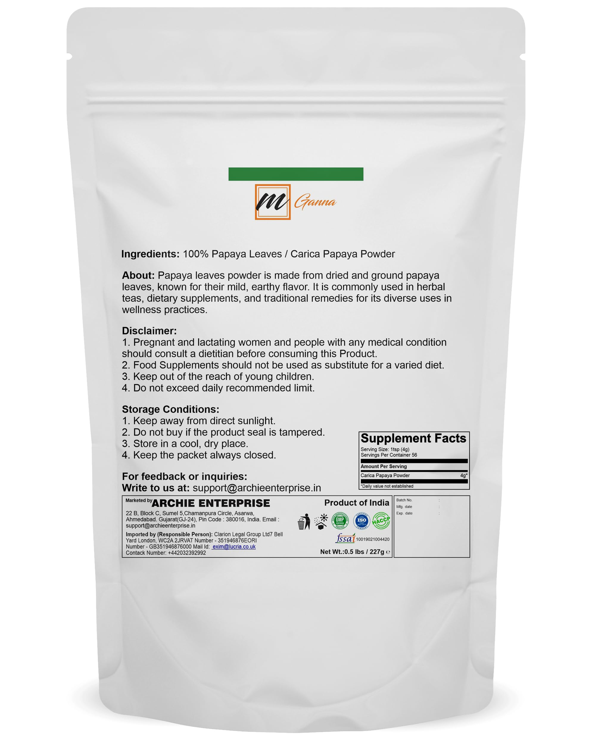 100% Natural Papaya Leaves/Carica Papaya Linn Powder for Hair and Skin Care 0.5 LBS / 227 GMS
