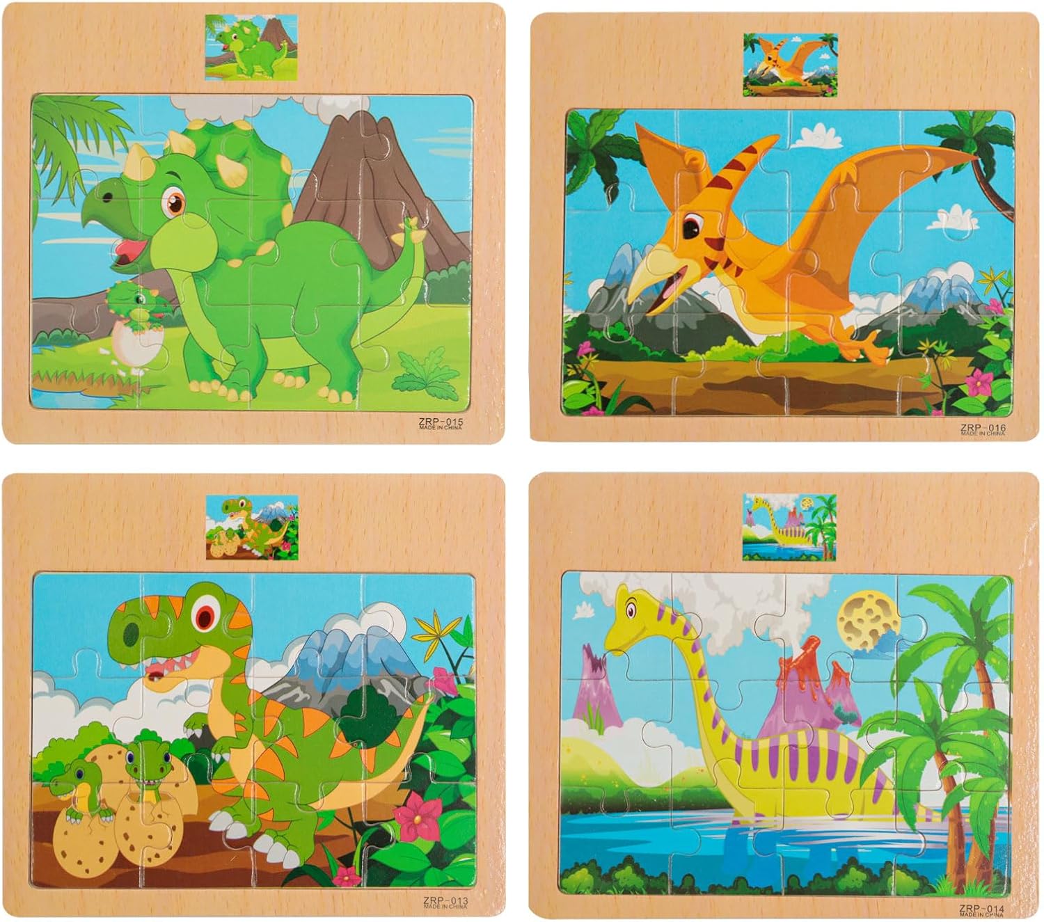 CCLIFE Wooden Jigsaw Puzzles Set for Kids 2-5 Years 12 Piece Colorful Wooden Educational Dinosaur Puzzles (4 Puzzles)