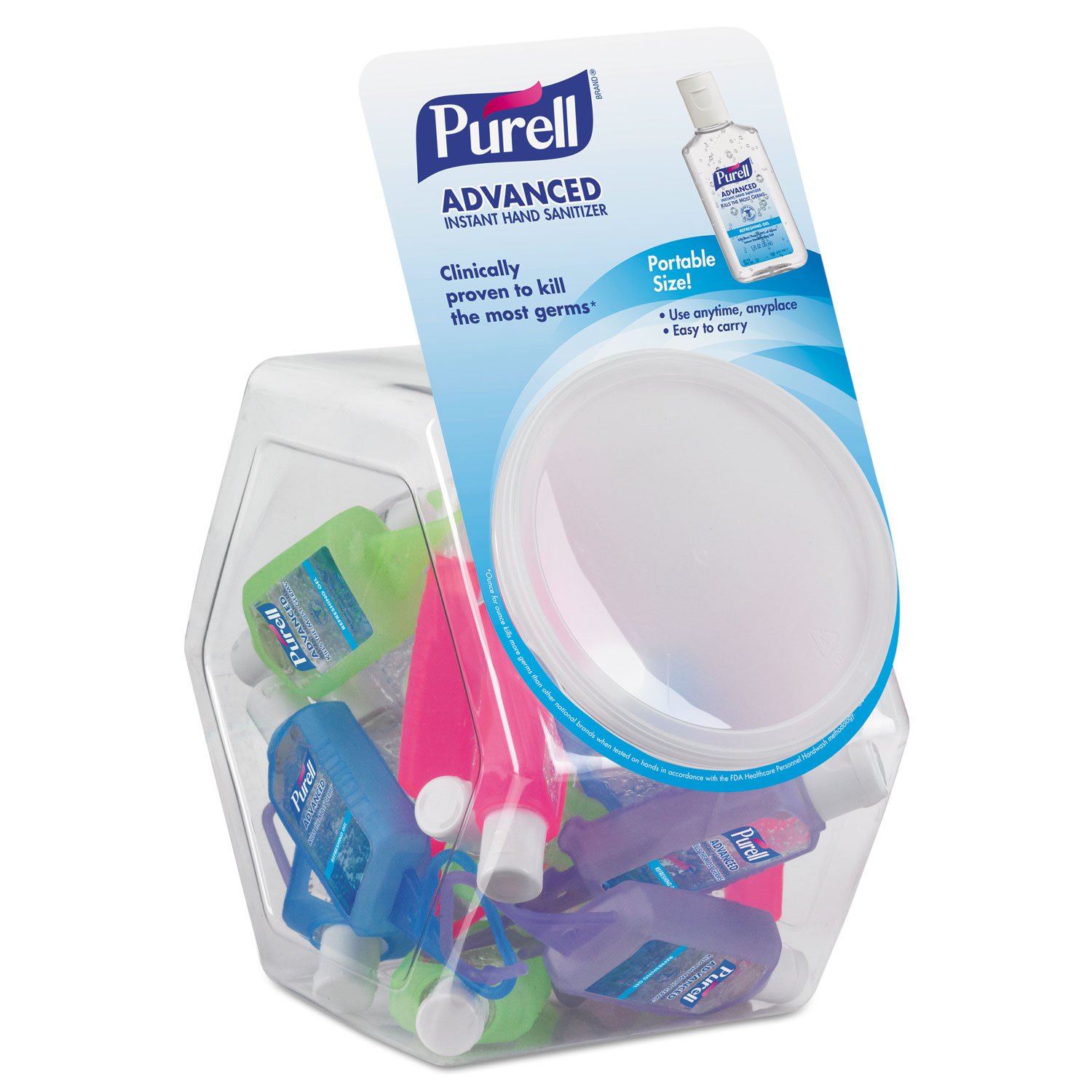 PURELL Advanced Hand Sanitizer Refreshing Gel for Workplaces, Clean Scent, 1 Fl Oz Travel Size Flip-Cap Bottle with Jelly Wrap Carrier and Display Bowl (Pack of 25) – 3900-25-BWL