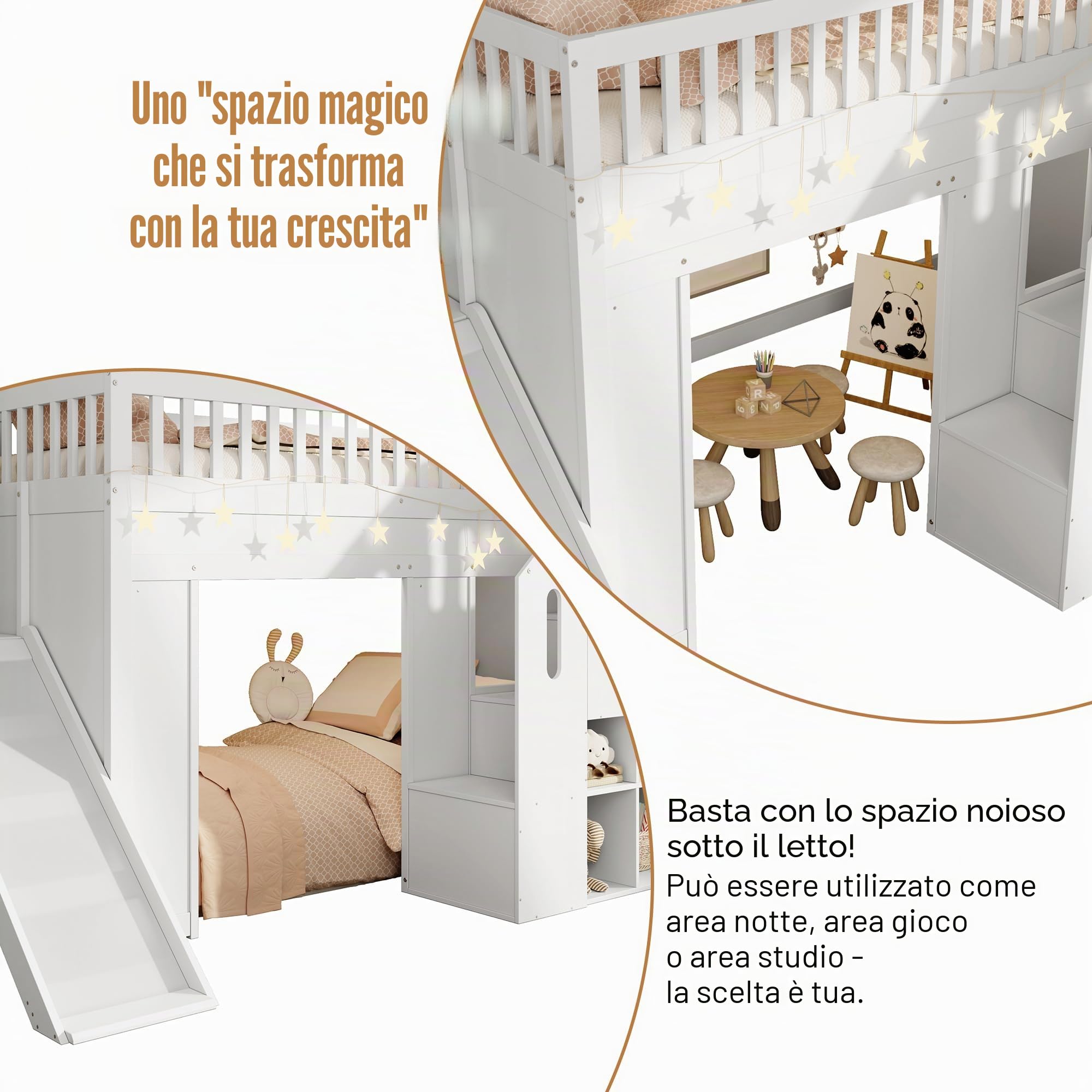 Letto a castello, letto a soppalco, 90 x 200 cm, con scivolo, protezione da cadute e scala di stoccaggio, letto per ragazzi, con striscia luminosa a LED, in legno massiccio, bianco