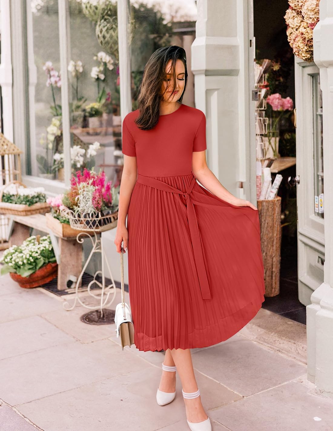 ZESICA Womens 2026 Summer Short Sleeve Midi Dresses Crewneck Knit Belted Pleated Business Work Cocktail A Line Flowy Dress - Image 3