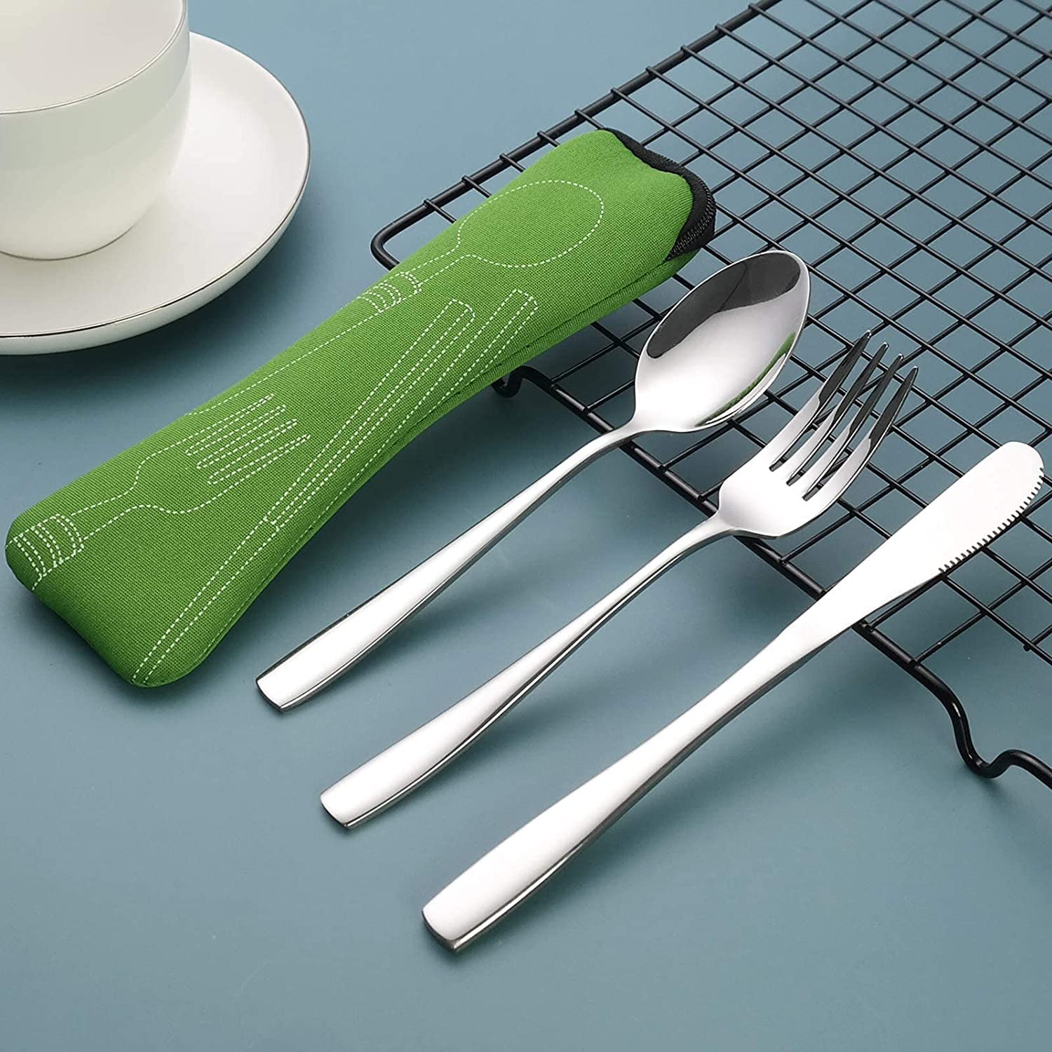 Besteck-Set Mit Neopren-Tasche – 4-teilig Aus Edelstahl, Für Camping, Picknick, Büro & Reisen