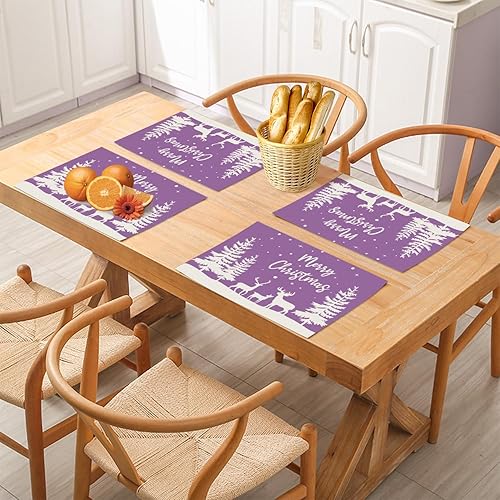 Miniatura 4 de LIPOR Juego de 4 manteles individuales navideños para mesa de comedor, color morado, con diseño de ciervo, alce, copo de nieve, árbol de Navidad,