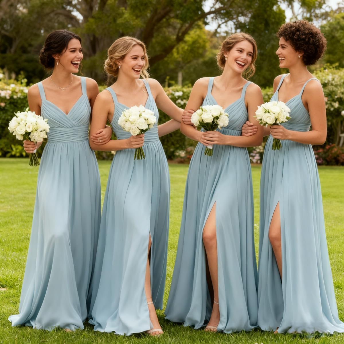 homdor Women's Chiffon Bridesmaid Dresses Long Spaghetti Straps V Neck Ruched A Line Formal Dress