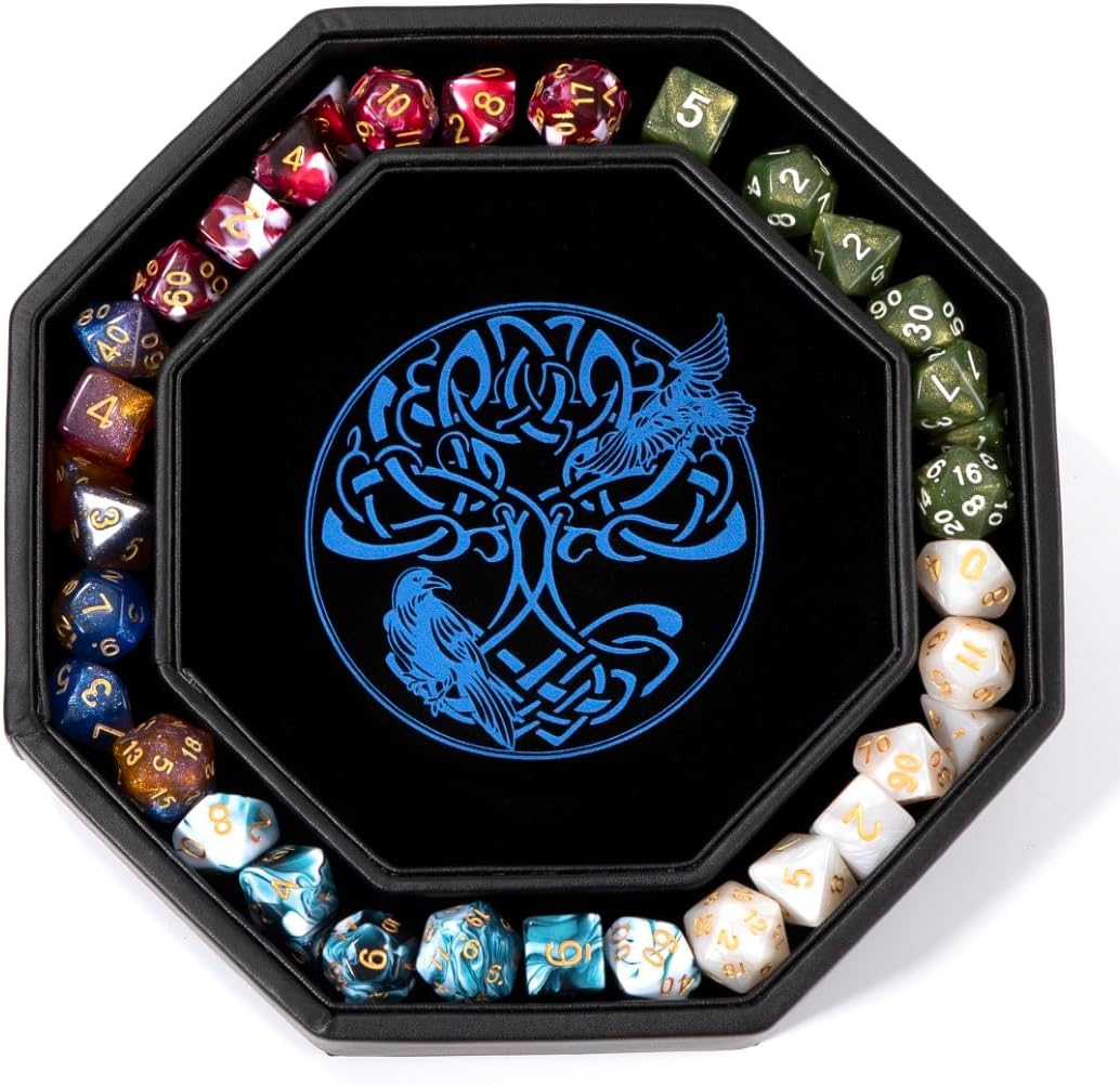 DND Dice Tray - Premium 9 Inch Tray for Dungeons and Dragons: Exquisitely Detailed Dark Blue World Tree & Wolf Raven Design - Perfect Rolling & Box Storage to Protect Your Dice for D&D and RPG
