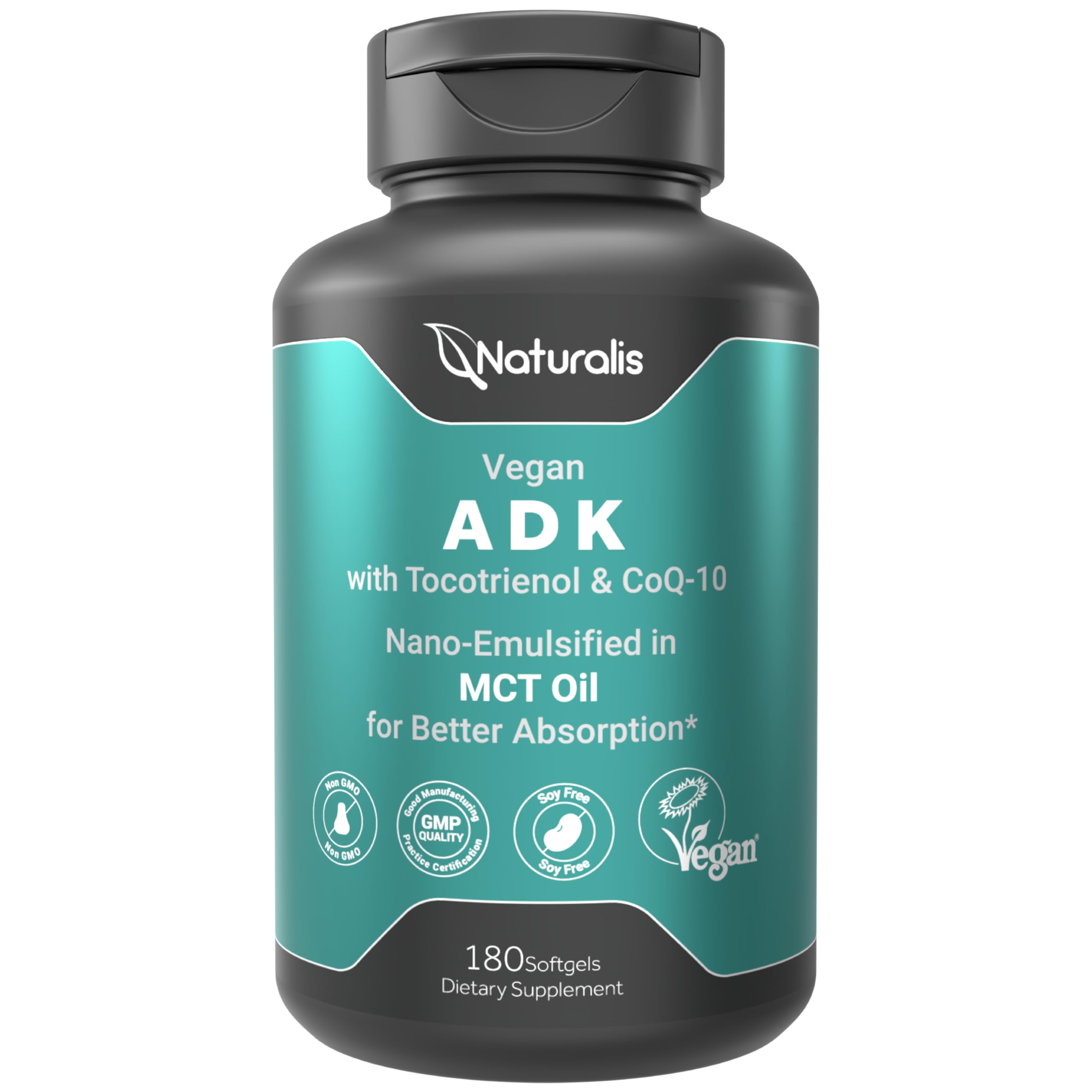 Naturalis Vegan Vitamin ADK with 50mg Tocotrienol and CoQ-10 | Nano-Emulsified in EVOO for Better Absoprtion | Non-GMO, Soy Free and Vegan Society Certified | 180 Veggie Softgels (Carrageenan Free) 180 Count (Pack of 1)