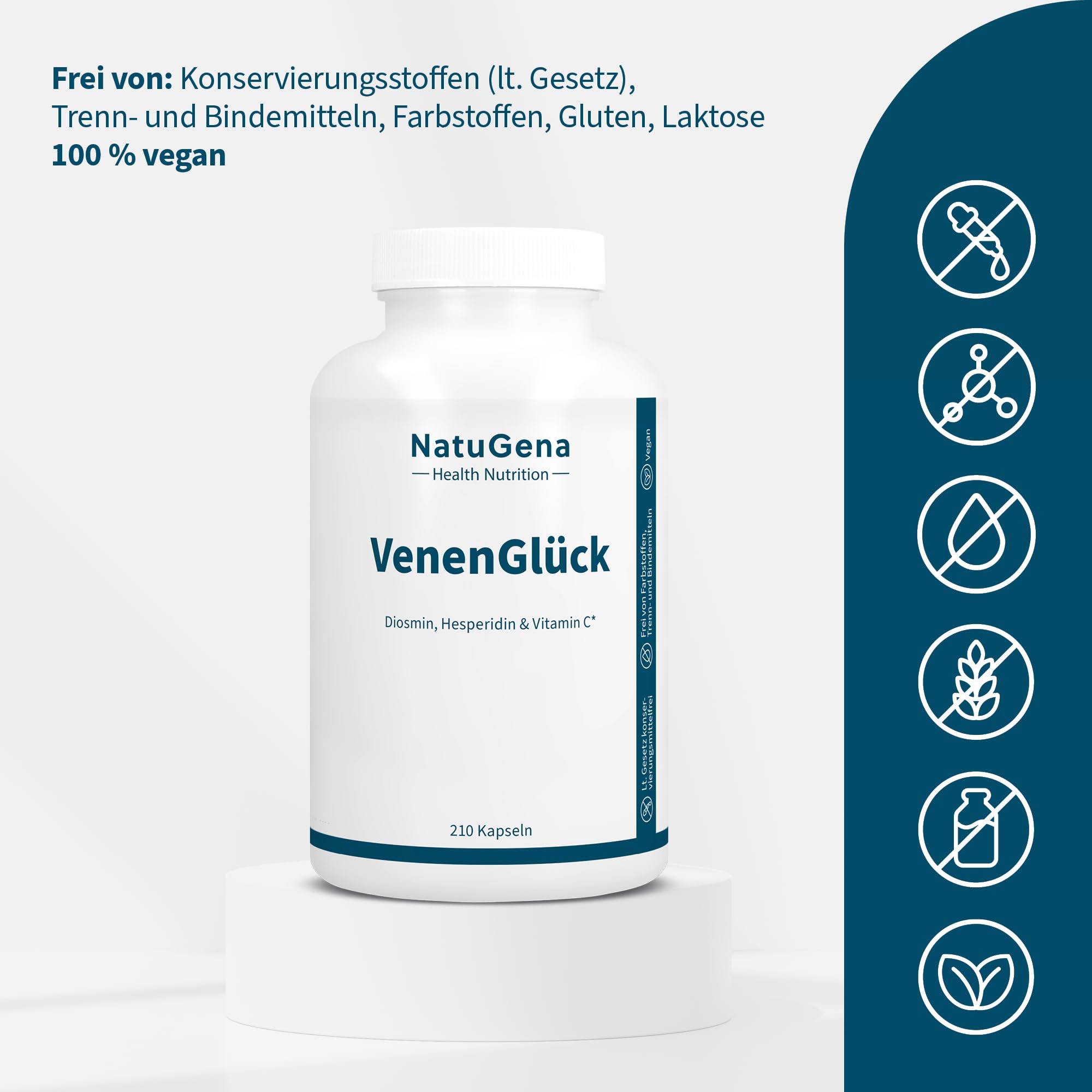 NatuGena VenenGlück, wertvolle Pflanenextrakte Traubenkern, Rotes Weinlaub und Sophora Japonica, Diosmin, Hesperidin & Vitamin C, Vitamin E, Kupfer, Rutin & OPC, 210 Kapseln (30 Tage Packung)