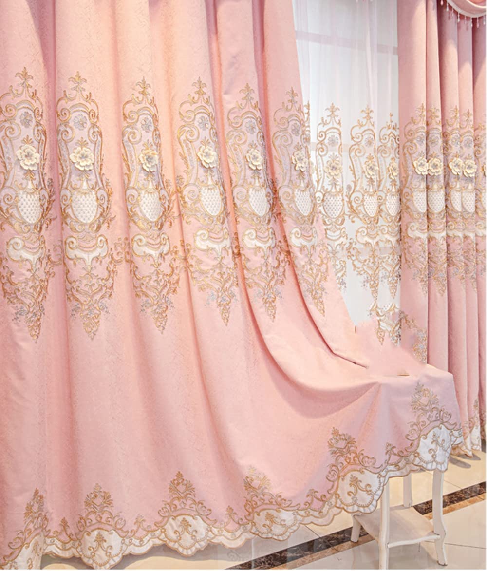 Gxi Pink Chenille Princess Style Semi Blackout Curtains 3D Embossed Embroidery Curtain Set of 2 Panels, Girls Bedroom Grommet Room Darkening Curtains for Living Room, Each Panel W52 x L84 inch