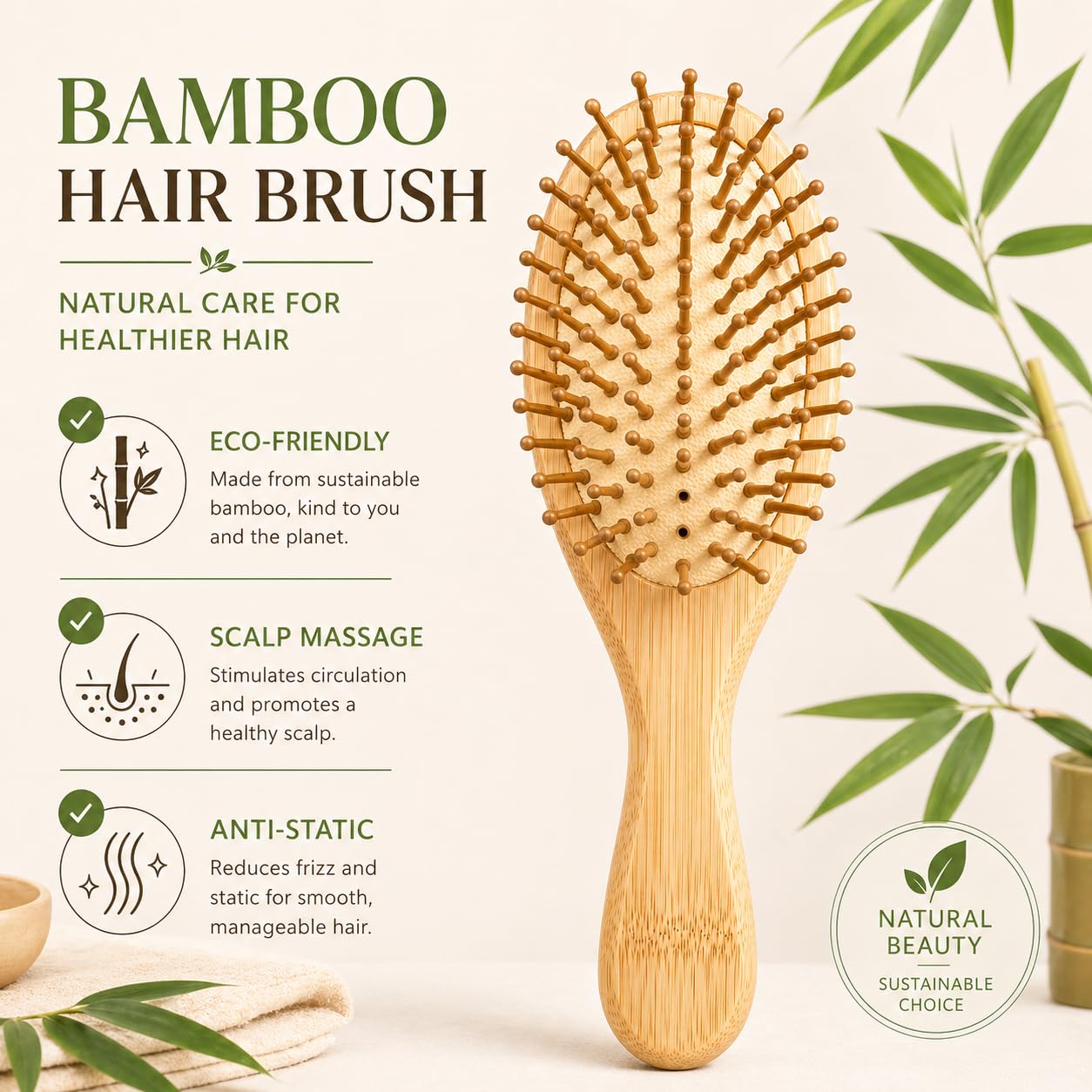 HEAVY DRIVER Natural Bamboo Paddle Hair Brush with Cushion Base – Anti Static Wooden Detangling Comb for Scalp Massage & Smooth Hair – Professional Hairbrush for Women & Men 1