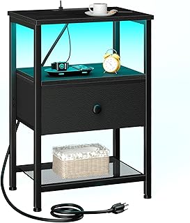 Night Stand, LED Nightstand with Charging Station, Small End Table with Fabric Drawer for Living Room, Bed Side Table with Storage Shelf for Bedroom, Black, HETS01BK-1
