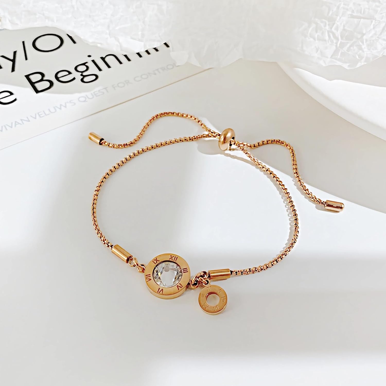 18K White/Rose Gold Plated Bracelets Lucky Roman Numerals Bracelet Adjustable Stainless Steel Bracelets Jewelry Gifts for Women Men - Image 4