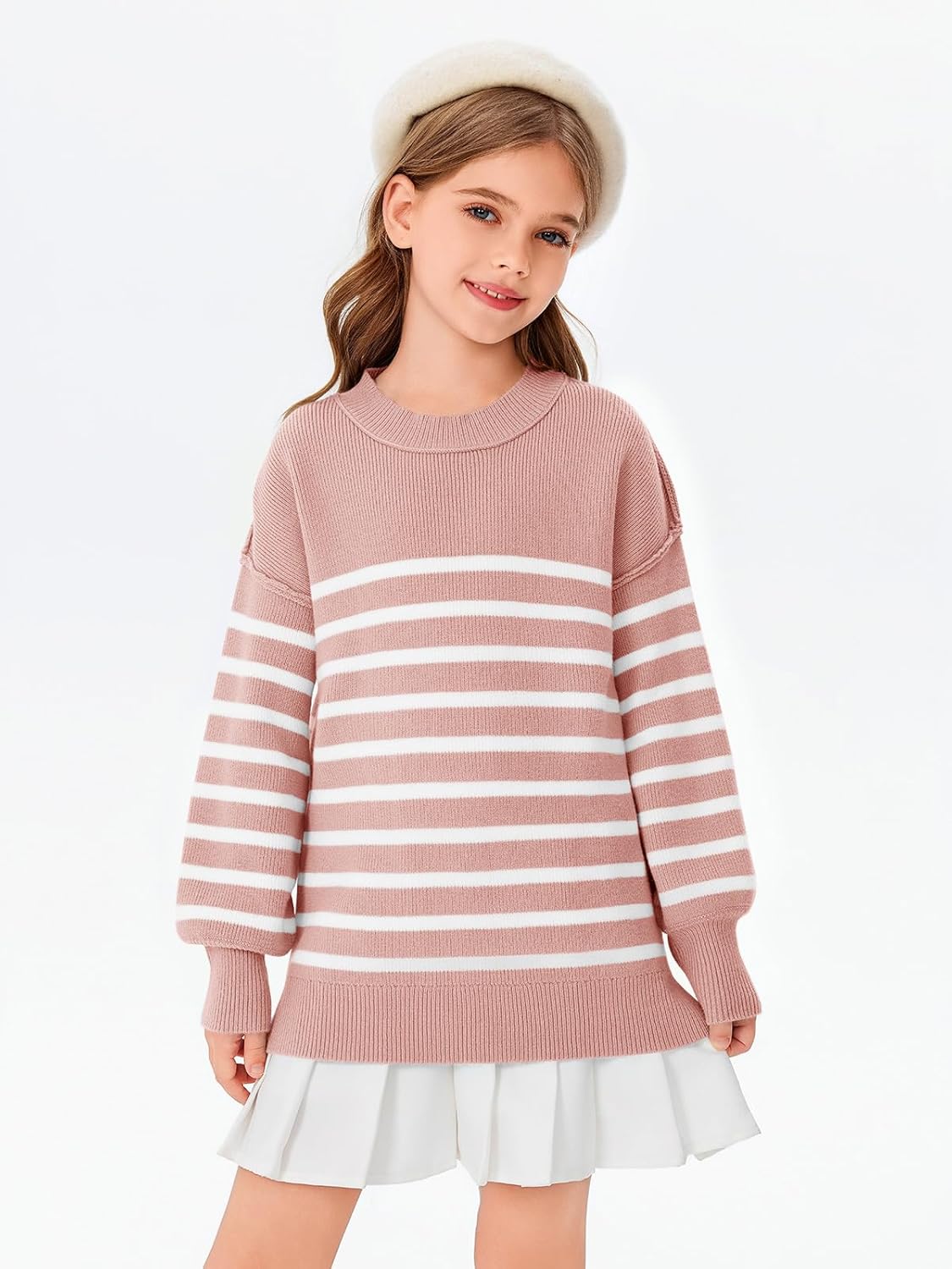Girls Striped Oversized Sweaters Fashion Batwing Sleeve Side Slit Knit Pullover Clothes 5-14 Years - Image 2
