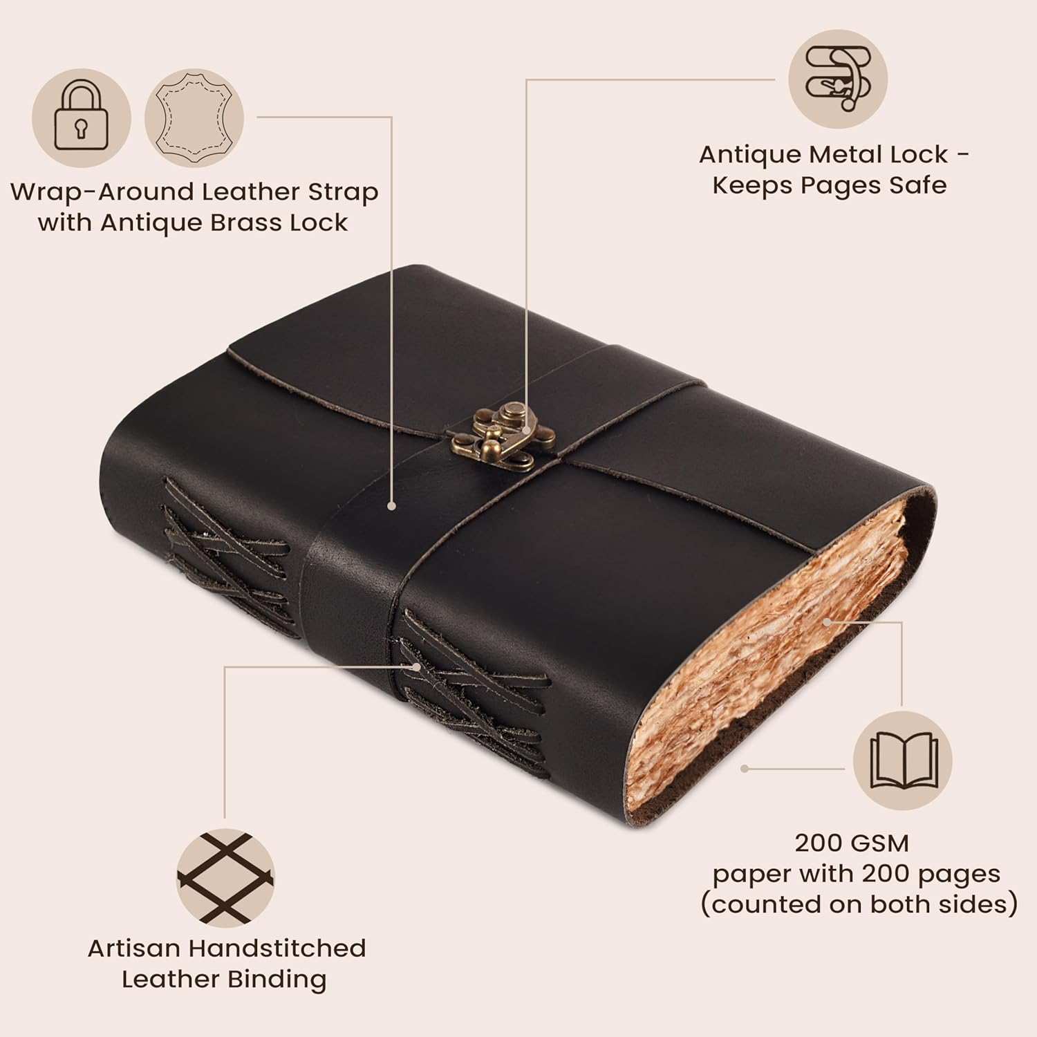 LEATHER VILLAGE Leather Journal for Women & Men – Vintage Leather Bound Journal with Lock – Book of Shadows, Writing & Travel Journal – 200 Pages Handmade Deckle Edge Watercolor Paper –10"x7''- Black