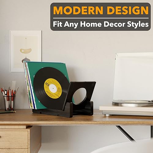 Miniatura 3 de SpaceAid Estante de almacenamiento de discos de vinilo de bambú, con capacidad para hasta 50 álbumes, LPs de 7 o 12 pulgadas, soporte de vinilo