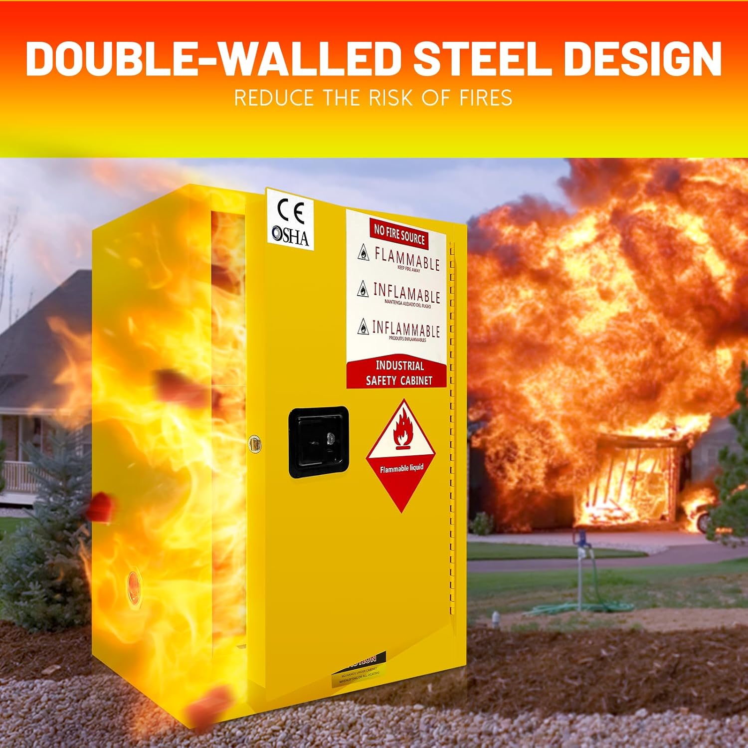 30 Gallon Yellow Steel Mechanic Cabinet, Double-Walled Galvanized Steel Safety Storage Cabinet with 3-Point Lock, for Indoor Fire Safety, Small Paint & Hazardous Materials Storage