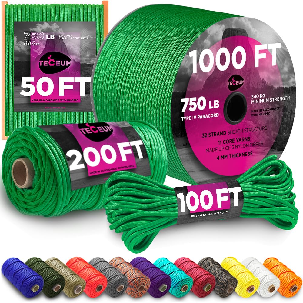 TECEUM Paracord Type IV 750 lb Green – 305 m – 4mm – 100% Nylon Strong Tactical MIL–SPEC Parachute Cord – Survival Rope Emergency 11 Strands Core Camping Hiking Military Gear(1000ft) 025a