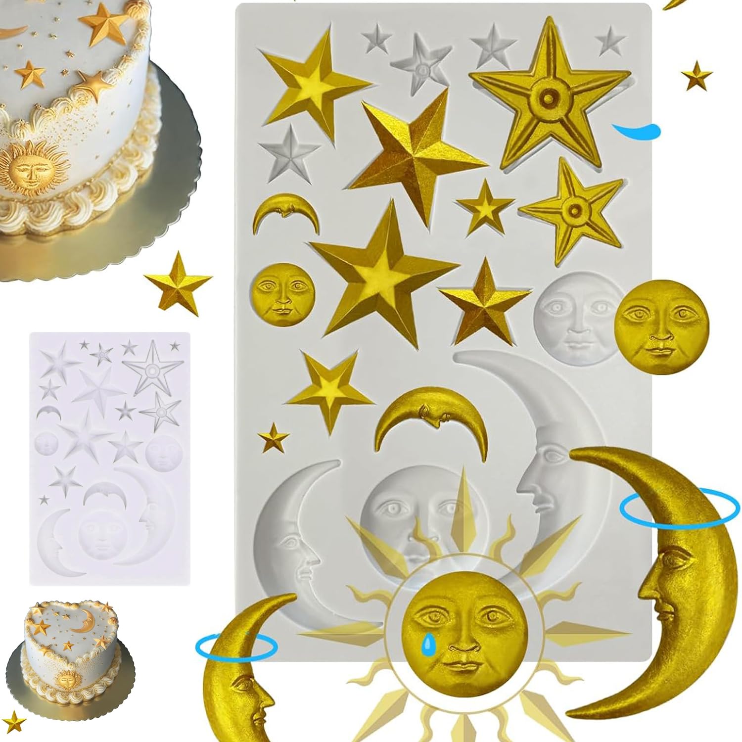 ZIOYANE 1pc Moon Stars Sun Face Cake Mould, Silicone Fondant Chocolate Moulds Set for Baking Cake Decor DIY Crafts