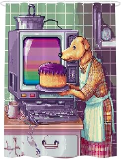 Shrahala Pixel Dog Vintage Oven Gradient Cake Decorative Shower Curtain, Bakes in Retro Bathroom Décor Polyester Fiber Waterproof with Plastic Rings for Shower Stall Bathtubs 72 x 72 in