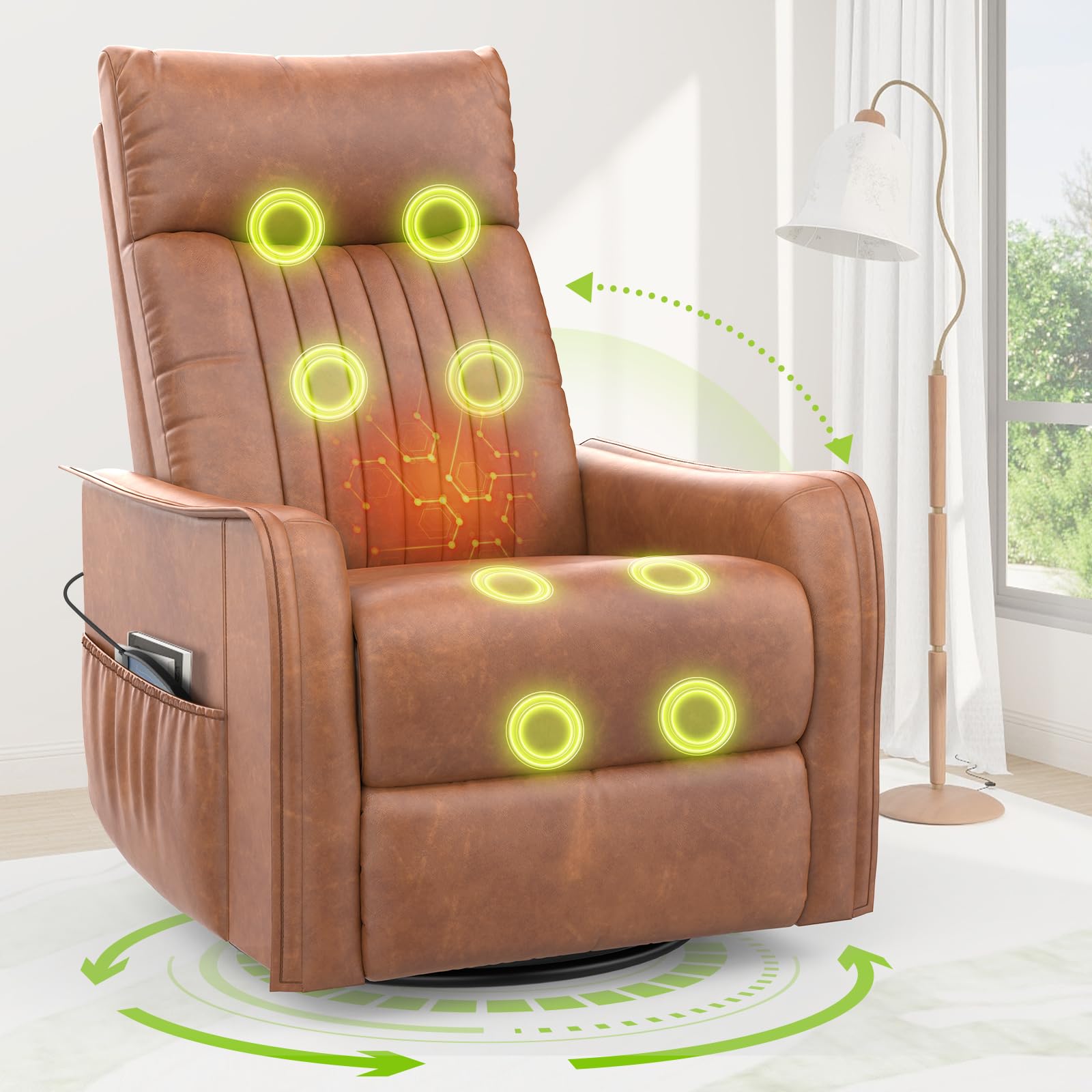 sisolos Recliner Armchairs 3-In-1 Recliner sofa with Massage & Heat, 360° Swivel Rocking Chair with Padded Cushion, Armchair for Living Room with Adjustable Leg Rest and Reclining Functions