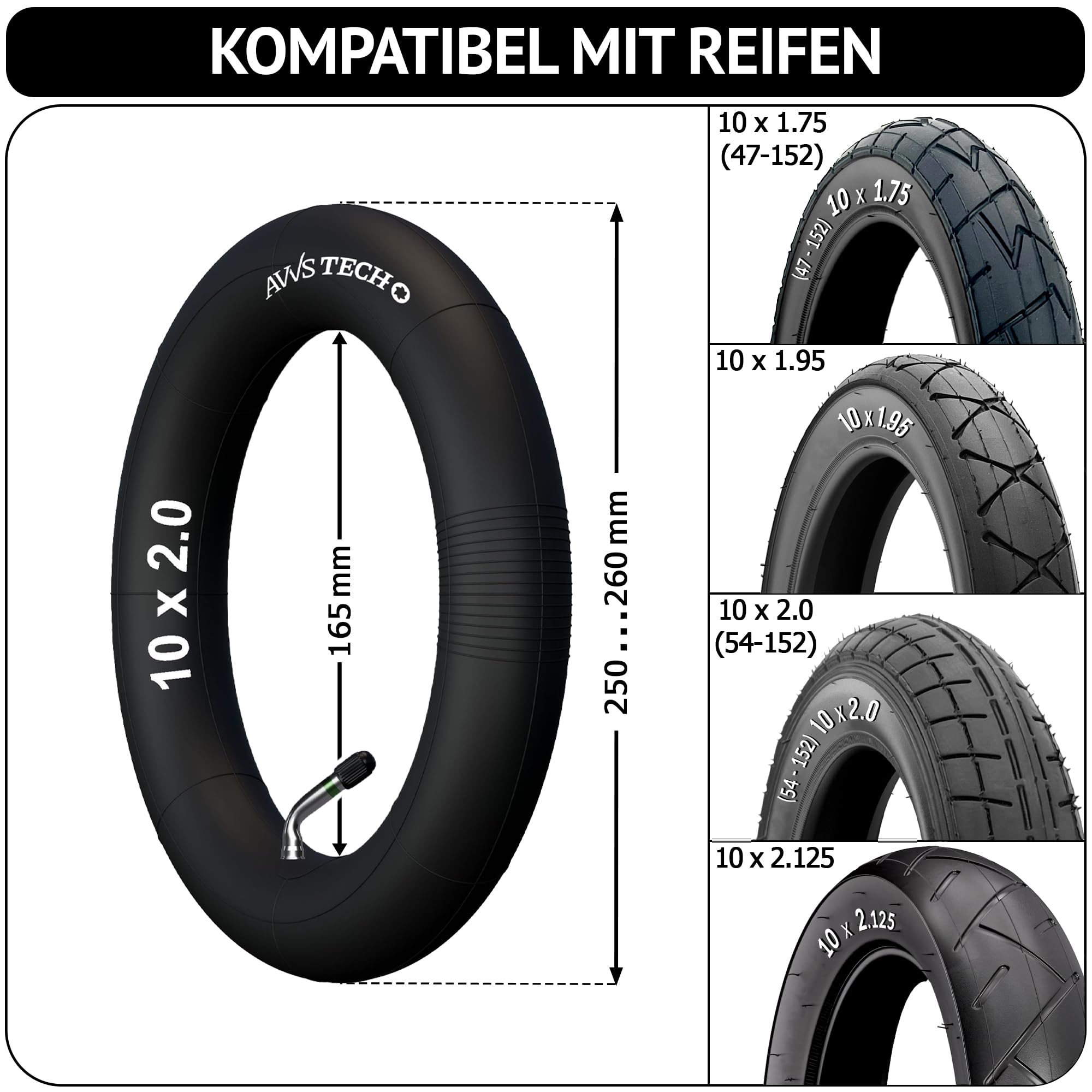 10x2 54-152 Camera d'aria passeggino 10" 10x2/2.125 con valvola 45° +2 leve | Pack 2 | per pneumatici 10x2 (54-152)