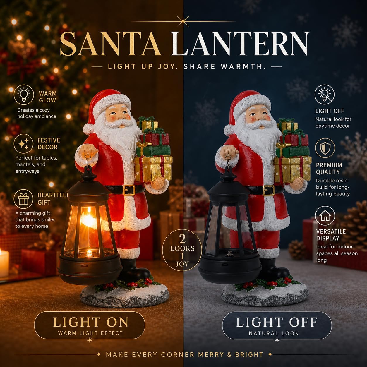 Christmas Santa Claus 8.4 Inch Hand-Painted Resin Figurine with LED Lantern, Battery Operated,Perfect for Mantel and Tabletop Decor