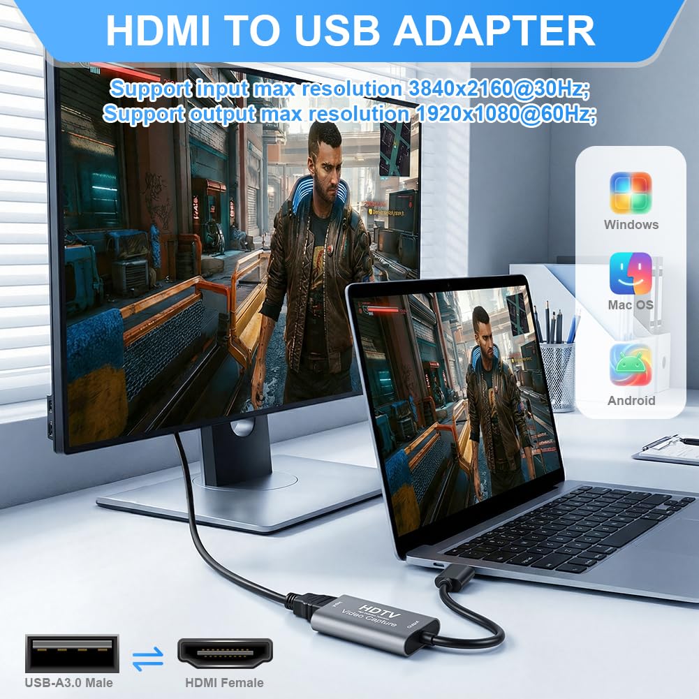 Flintronic Karta do przechwytywania wideo, 4K HDMI na USB Capture Card, wejście 4K30, wyjście 1080p 60FPS, do systemów Windows, MacOS i Linux, kamer, PS4/5, laptopów, komputerów stacjonarnych