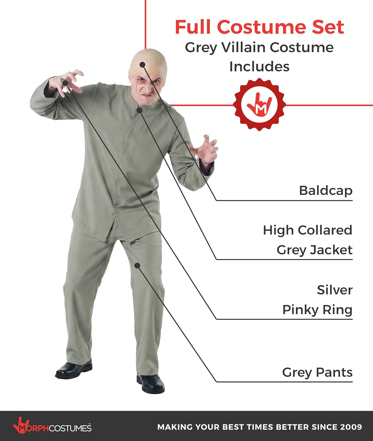 Morph Grey Villain Costume With Baldcap, Mens 60s Costume, Halloween Costumes For Men, Halloween Costumes For Adults
