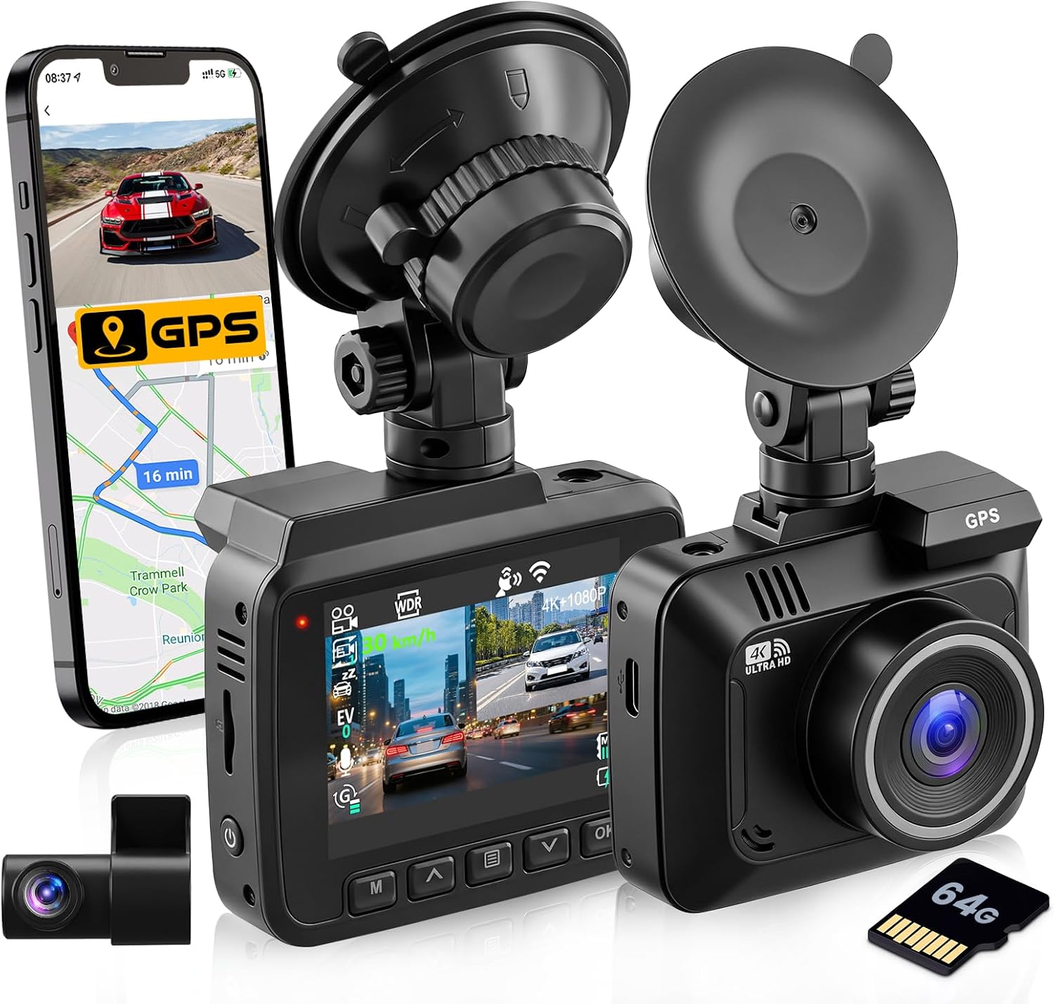 4K Dual Dash Cam Front and Rear, Free Card Include