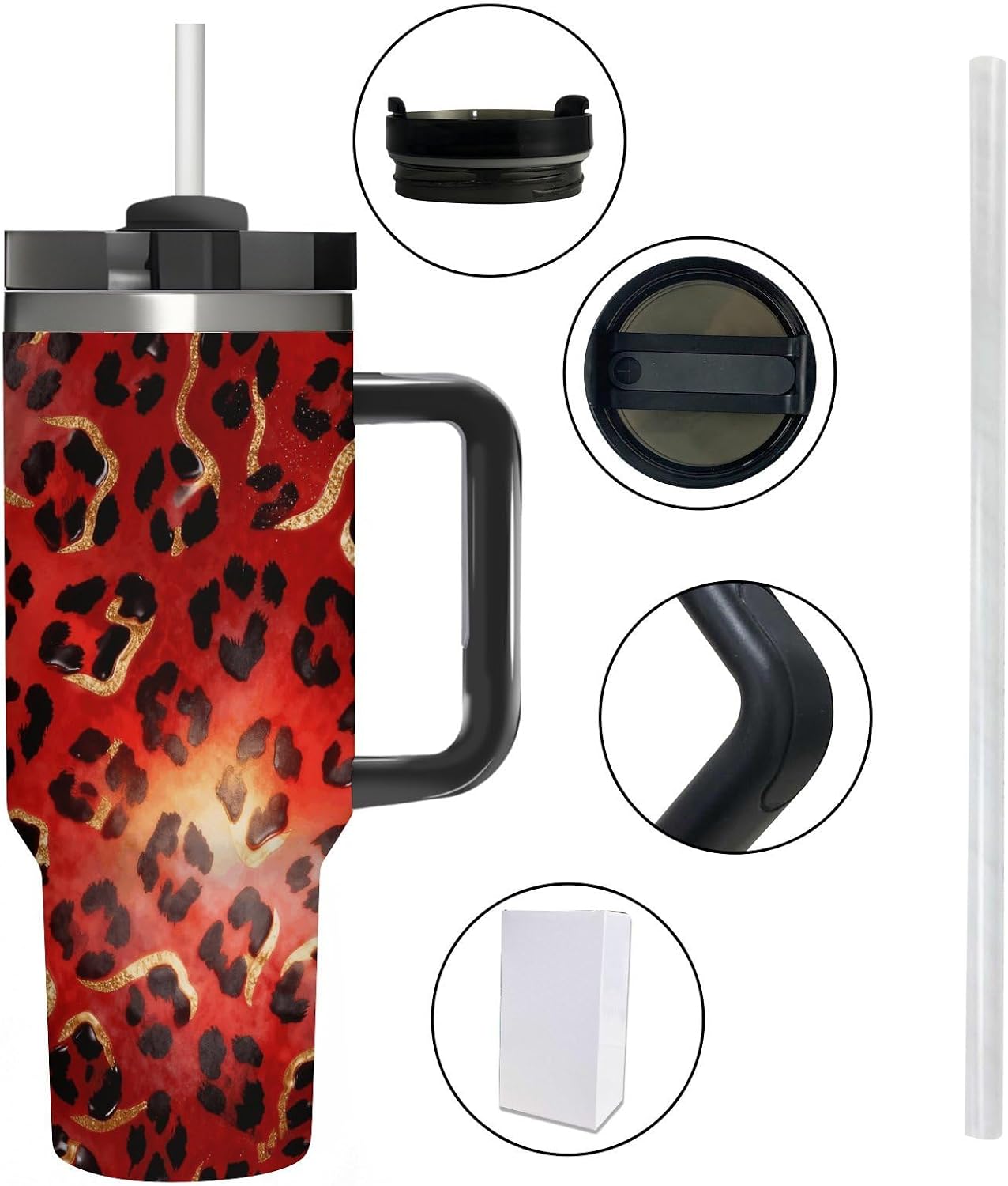 Red Cheetah Leopard Tumbler 40 Oz With Straw Lid, Stainless Steel Insulated Travel Coffee Mug Leak-Proof Large Capacity Car Cup For Hot/Cold Drink, Handle & Cupholder Compatible