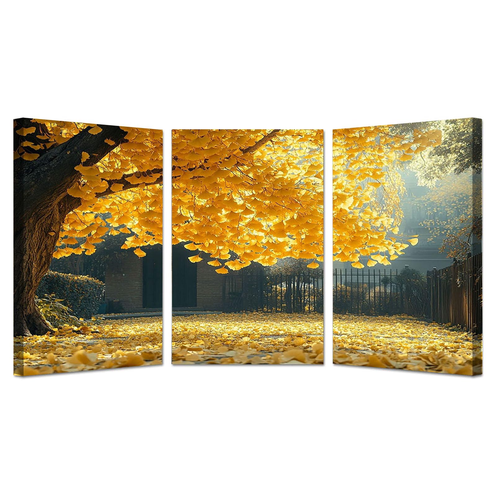 WIKEO Lot de 3 posters Arbre de vie Impression sur Toile Œuvres modernes de l’arbre doré Affiche- Moderne Abstrait Image Tableau -Decoration Murale Salon -Chambre -bureau(Jaune)-40x60cmx3 Encadrée