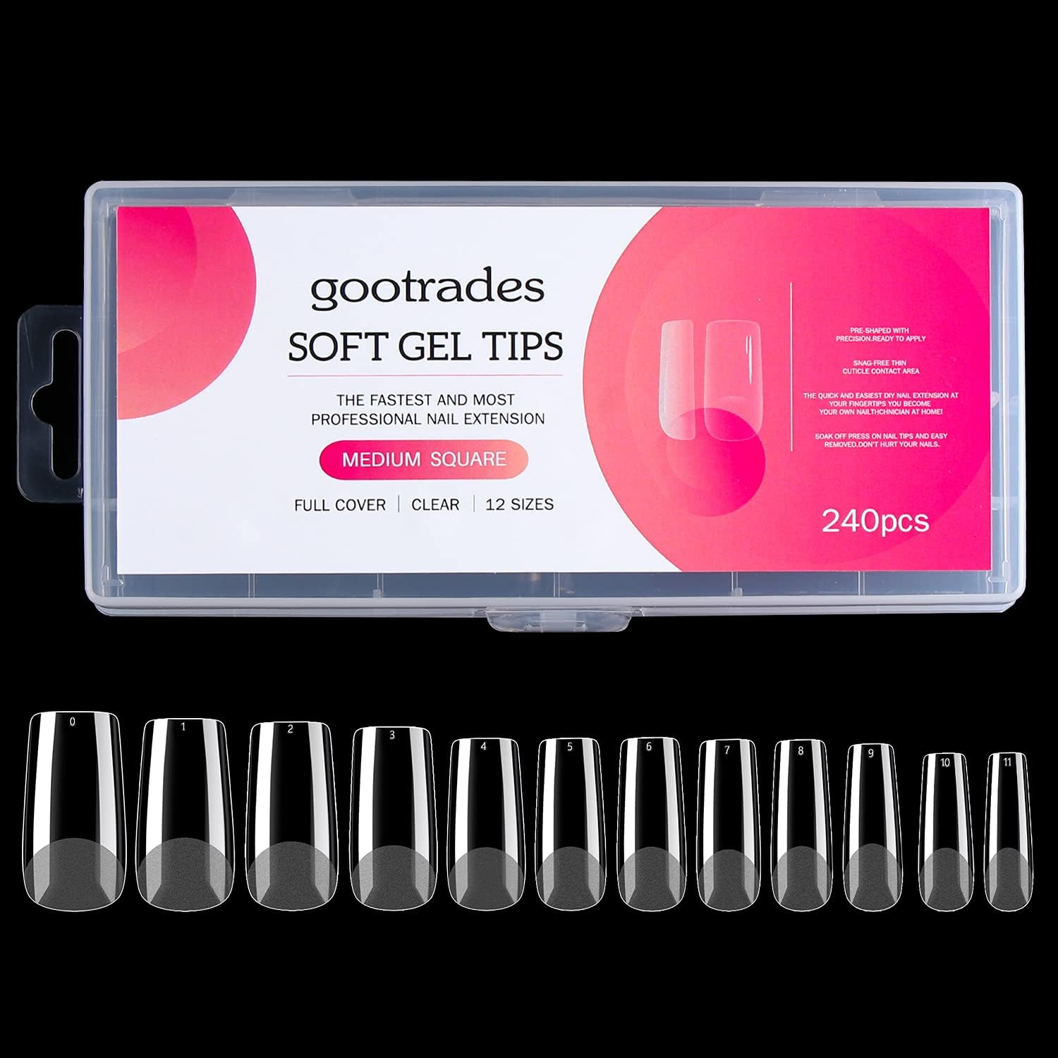 Medium Square Gel Nail Tips Extension, 240PCS Clear Soft Gel Full Cover Nail Tips, M Square Press On False Nail Tips for Salons, and DIY Nail Art at Home (12 Sizes)