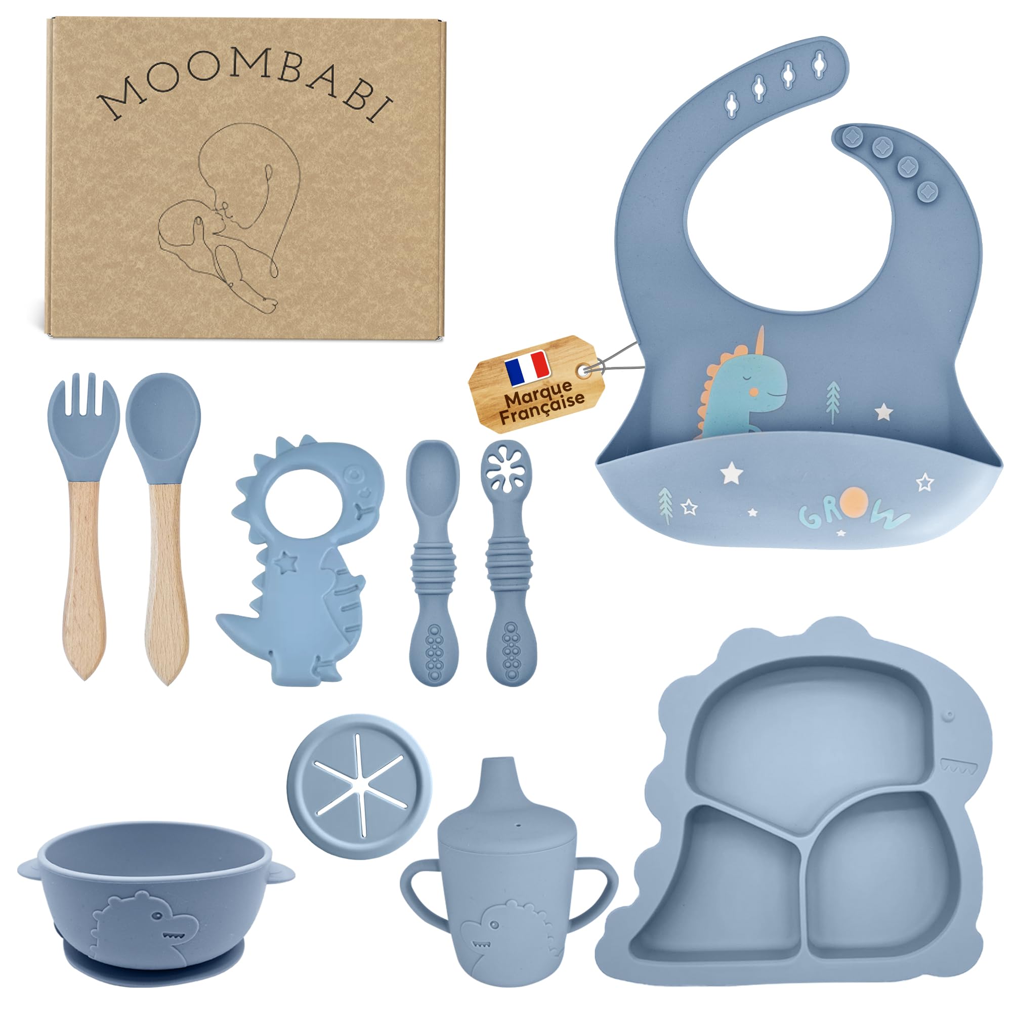 Set Repas Bébé 10 Pièces, Assiette Ventouse, Bol Cuillère, Bavoir Silicone, Couverts Vaisselle pour Sevrage Enfant