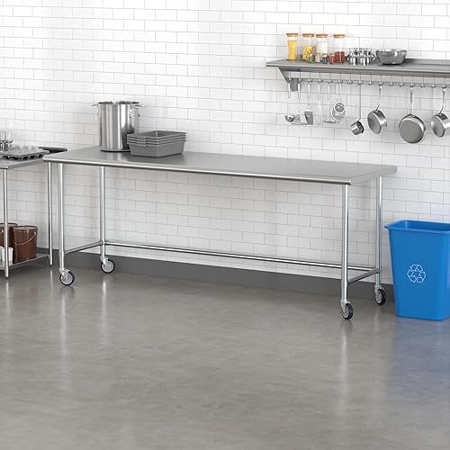 Miniatura 67 de Mesa de trabajo de base abierta de acero inoxidable 430 de calibre 18 de 30 x 72 pulgadas con ruedas giratorias de zinc resistentes de 5 pulgadas