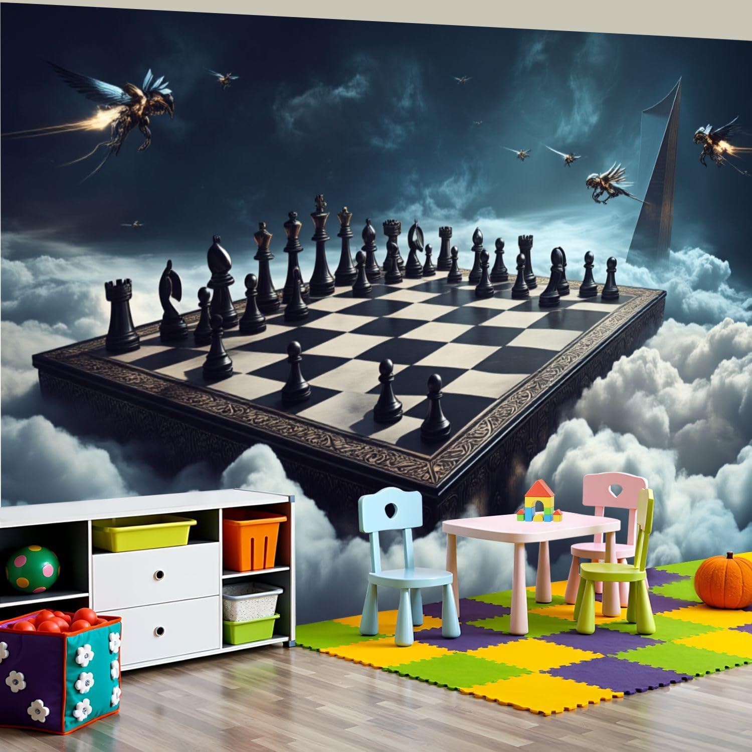 100"x144" Chess Wall Mural Peel and Stick Wallpaper Fantasy Chessboard Floating Clouds Dark Sky Mythical Wall Decor Self Adhesive Removable Wall Stickers for Bedroom Game Room Chess Players Decor